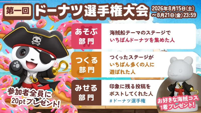 第一回ドーナツ選手権大会の告知。2026年8月15日(土)から8月21日(金)23:59まで。あそぶ部門は海賊船テーマのステージでいちばんドーナツを集めた人、つくる部門はつくったステージがいちばん多くの人に遊ばれた人、みせる部門は #ドーナツ選手権 で印象に残る投稿をしてくれた人。各部門の1位に好きな海賊のふくを1着、参加者に20タピポイントをプレゼント。